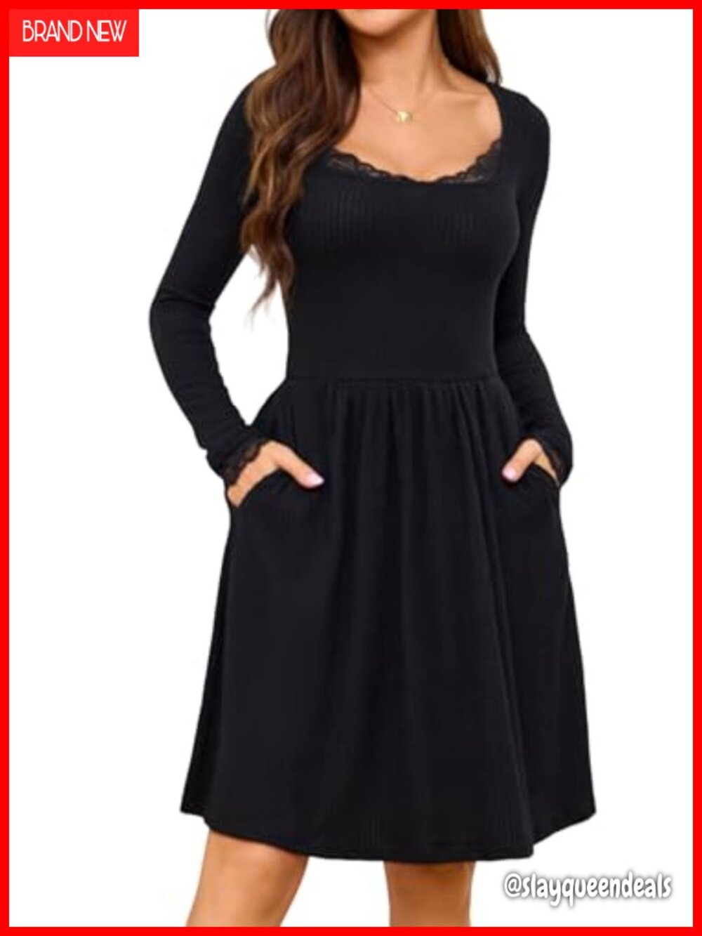 Women Long Sleeve Empire Waist Sweater Dress Lace Trim with Pockets